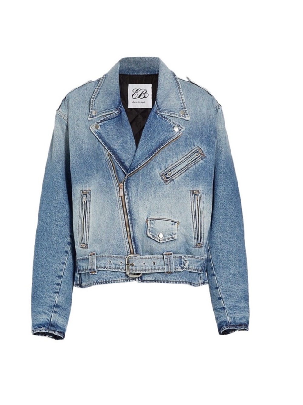 EB Denim Motorcycle Jacket Zip Belt Oversized Jean Luca Blue Faded Insulated M